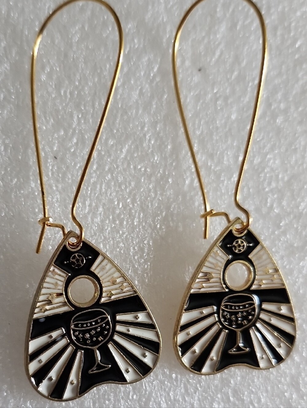 Hand Crafted Gold Black & White Sunburst Chalice Drop Earrings Ouija Planchette
